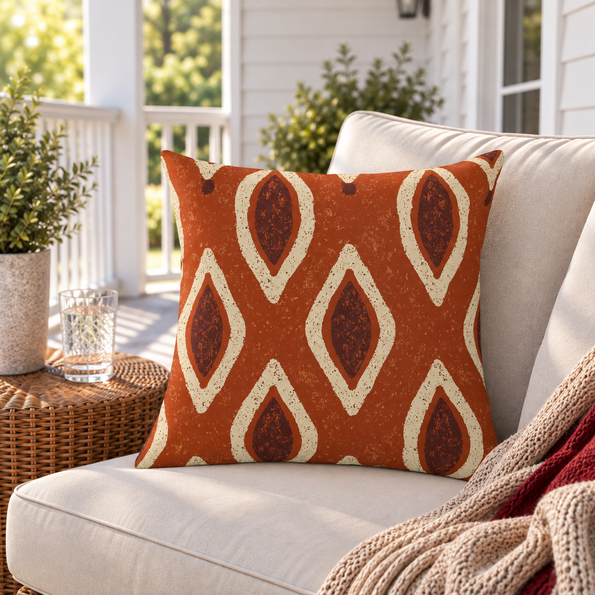 Burnt terracotta outdoor pillow with cream and oxblood ikat teardrops, second view