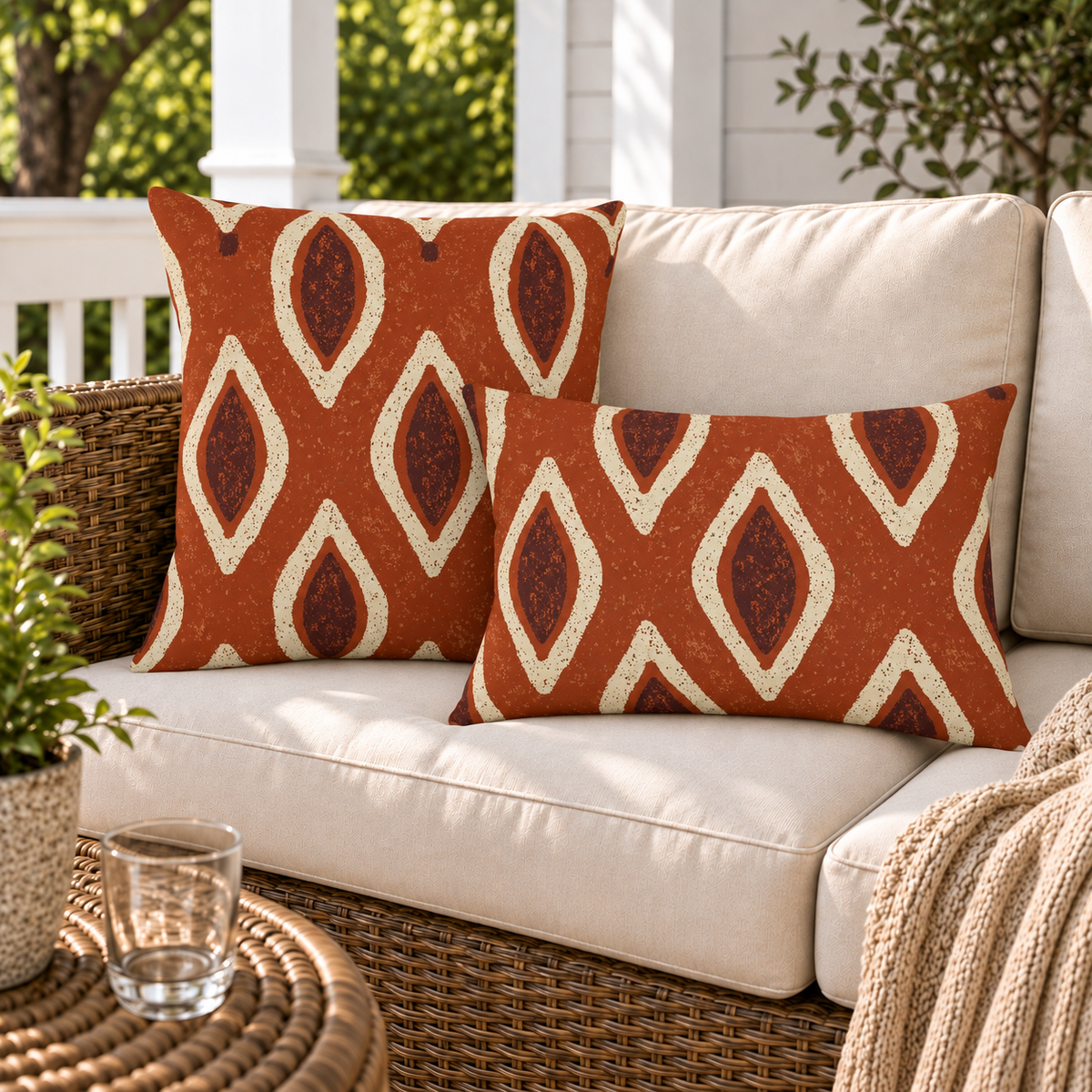 Cream outlined teardrops with stippled oxblood centres on burnt terracotta