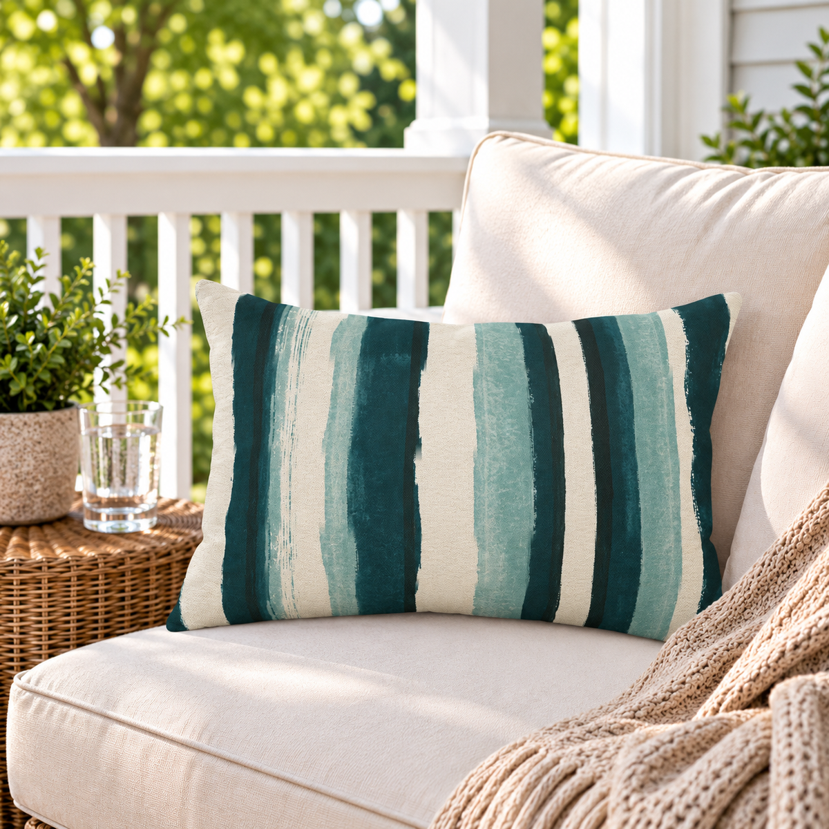 Cream outdoor lumbar pillow with teal painted stripes, second view