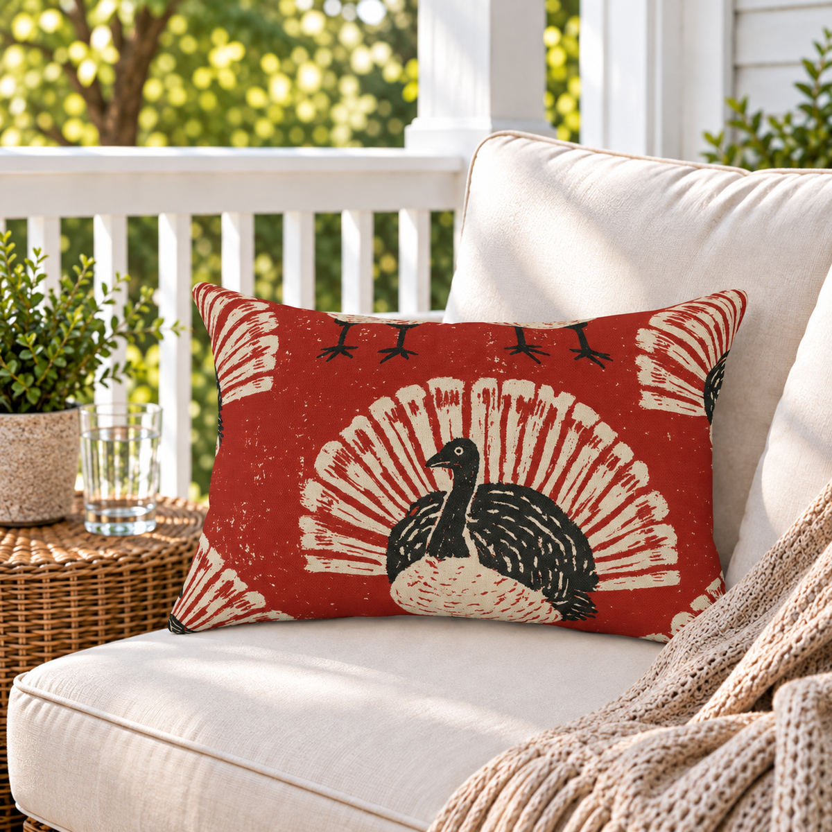 Brick red outdoor lumbar pillow with black and cream block print turkeys, second view