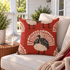 Brick red outdoor pillow with black and cream block print turkeys, second view