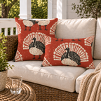 Lino cut turkeys in full display, black and cream on brick red