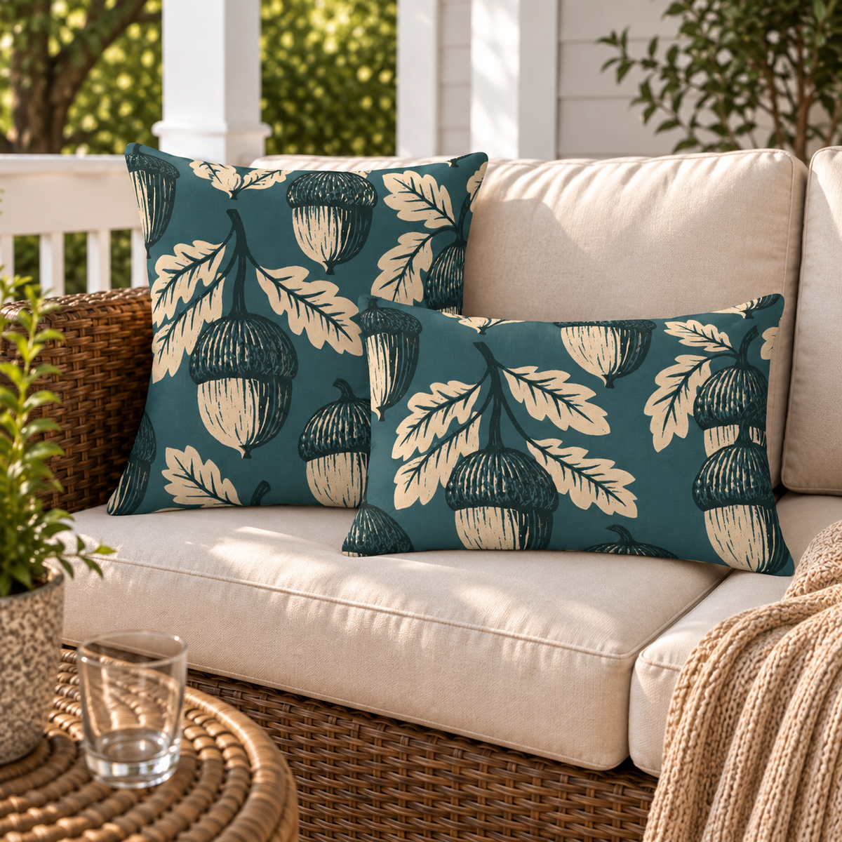 Oversized cross-hatched acorns and oak leaves in cream and black on deep teal