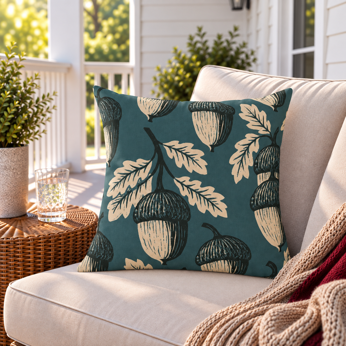 Deep teal outdoor pillow with cream block print acorns and oak leaves, second view