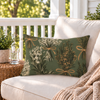 Sage green outdoor lumbar pillow with tied herb bundles, second view