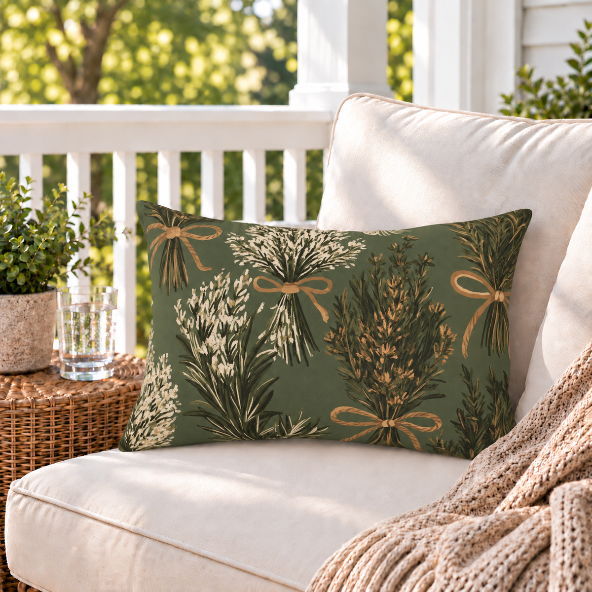 Sage green outdoor lumbar pillow with tied herb bundles, second view