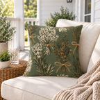 Sage green outdoor pillow with tied herb bundles, second view