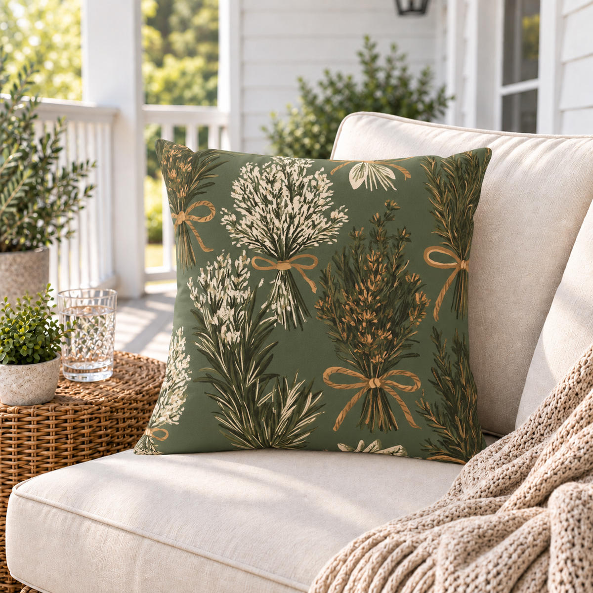 Sage green outdoor pillow with tied herb bundles, second view