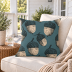 Deep teal outdoor pillow with oversized block print acorns, second view
