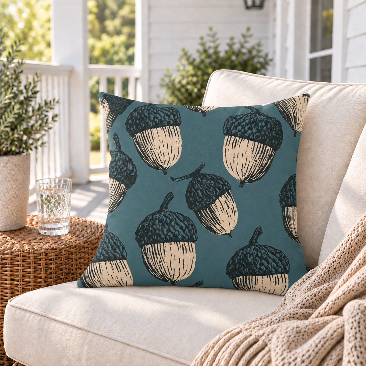 Deep teal outdoor pillow with oversized block print acorns, second view