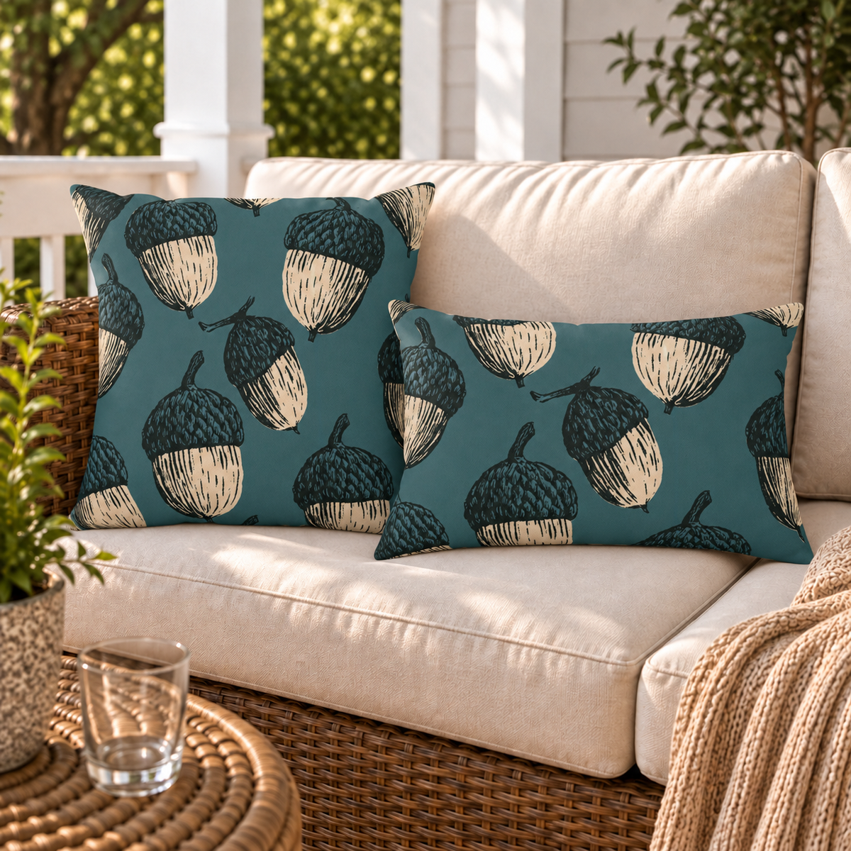 Large carved acorns in cream and black on a deep teal ground