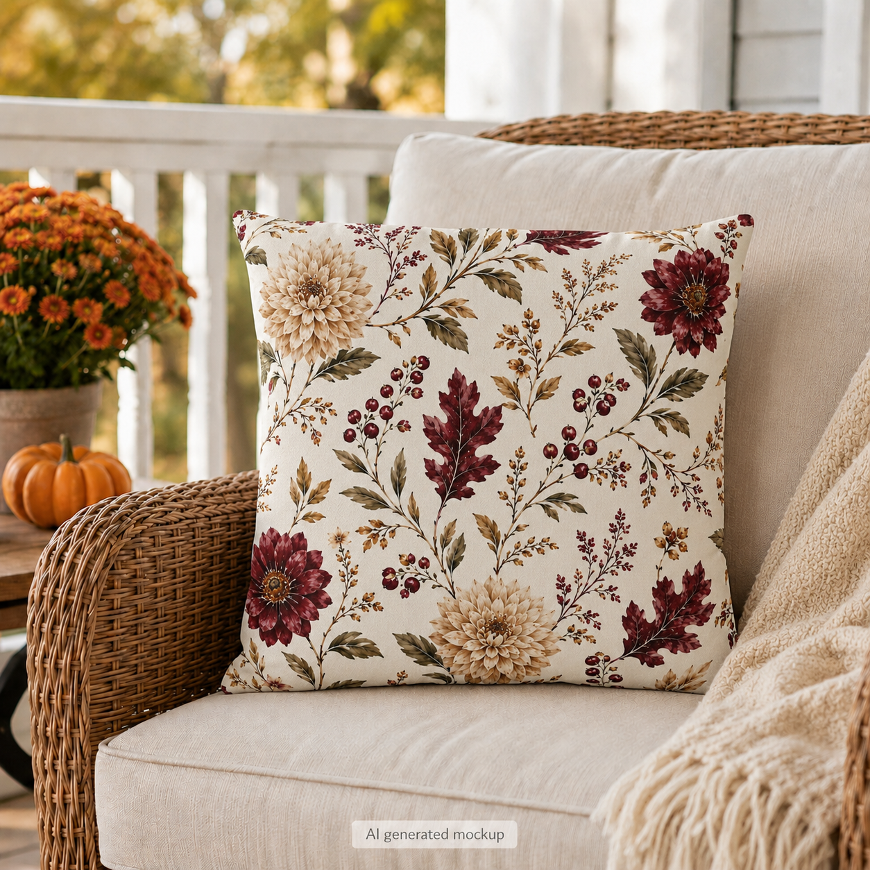 Burgundy dahlias, oak leaves and berries on cream outdoor pillow