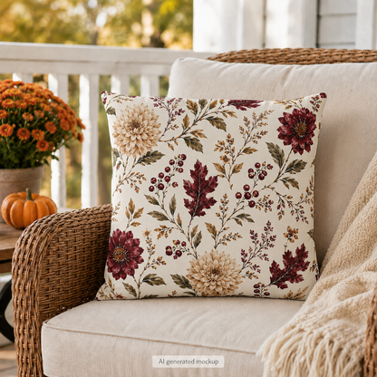 Burgundy dahlias, oak leaves and berries on cream outdoor pillow