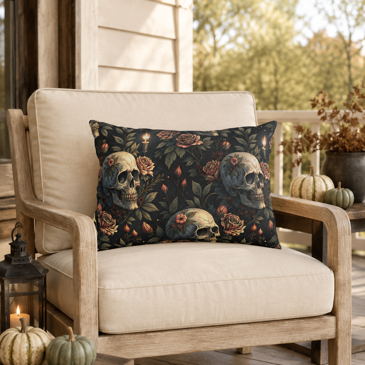 Gothic skulls, dusty roses and candles on dark charcoal outdoor lumbar pillow