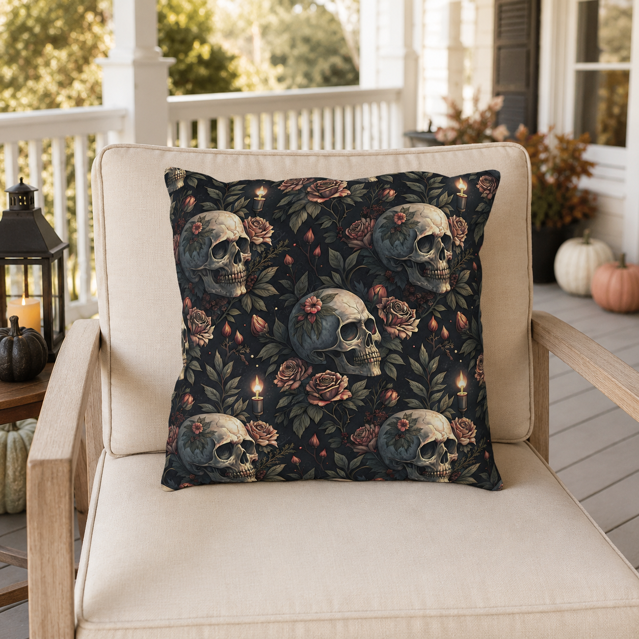 Gothic skulls, dusty roses and candles on dark charcoal outdoor pillow