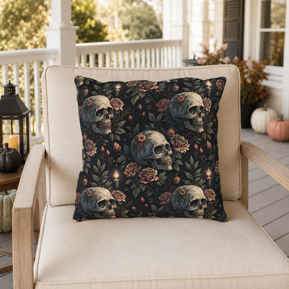 Gothic skulls, dusty roses and candles on dark charcoal outdoor pillow