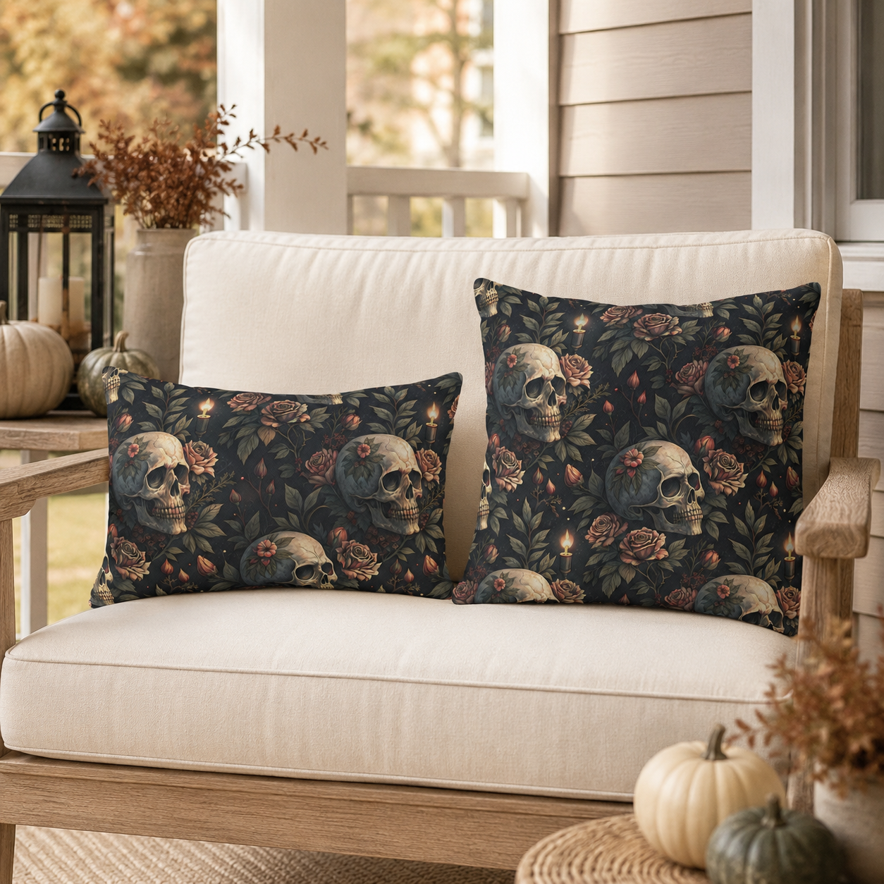 Gothic skulls, dusty roses and candles on dark charcoal outdoor pillow