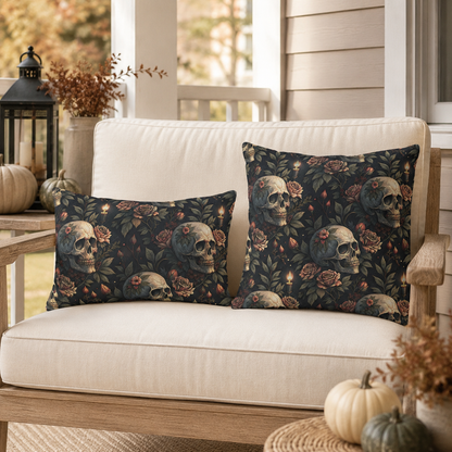Gothic skulls, dusty roses and candles on dark charcoal outdoor pillow