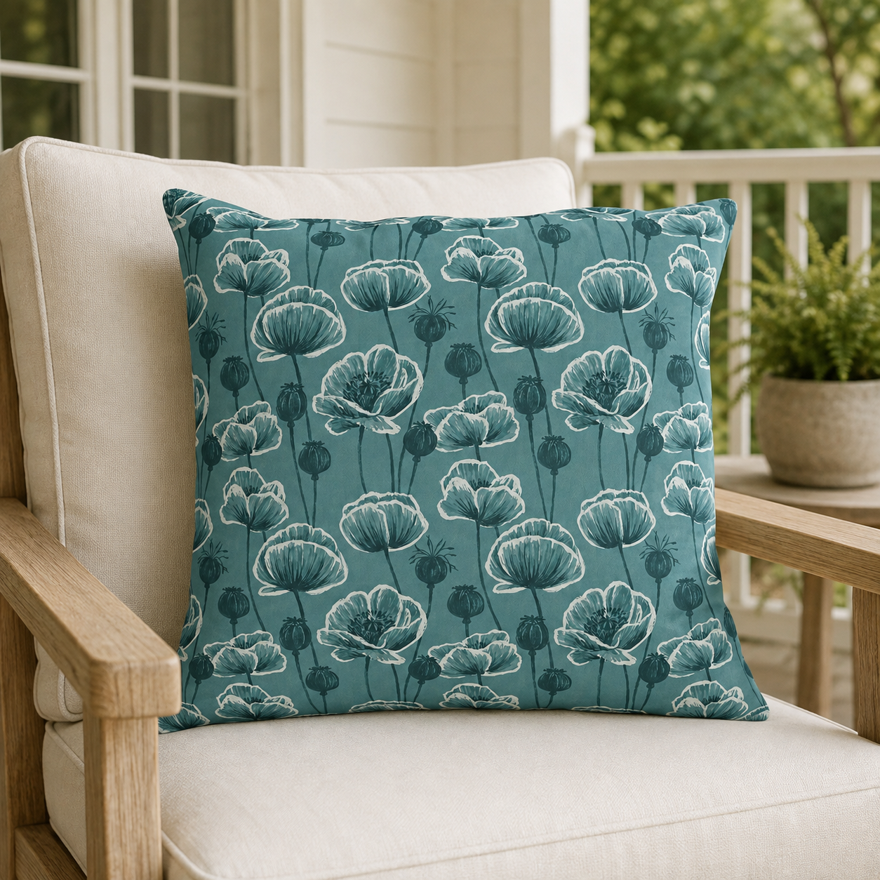 Teal and white poppies and seed heads on teal outdoor pillow