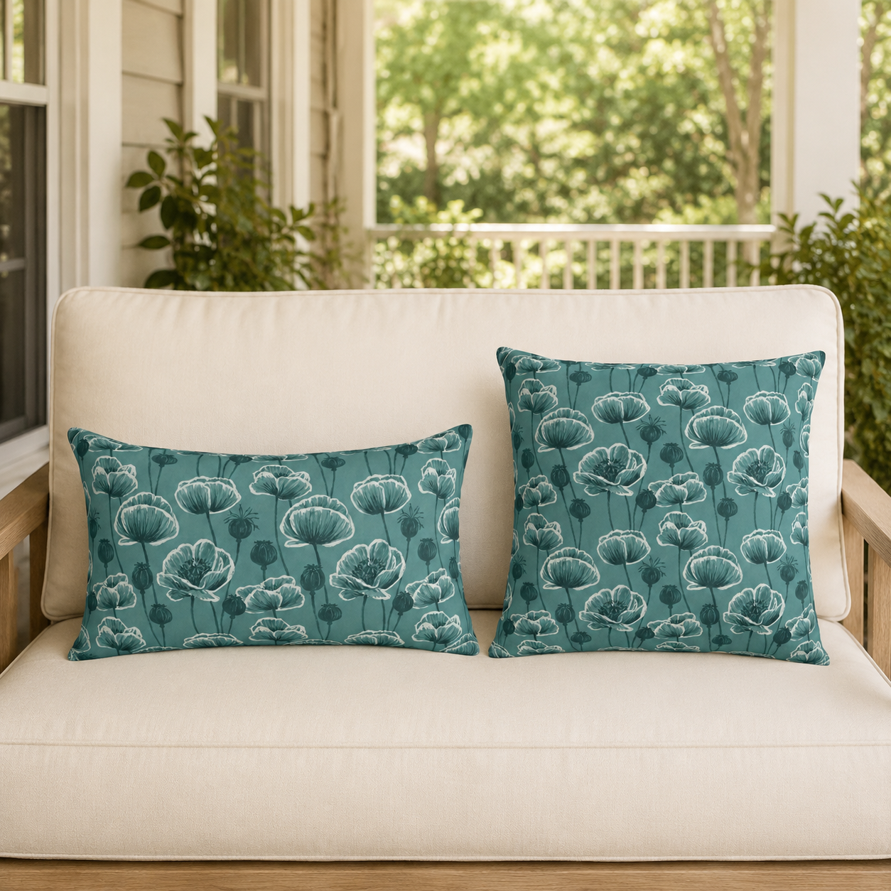 Teal and white poppies and seed heads on teal outdoor pillow