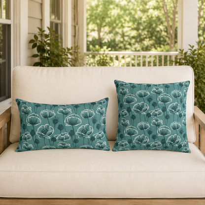 Teal and white poppies and seed heads on teal outdoor pillow