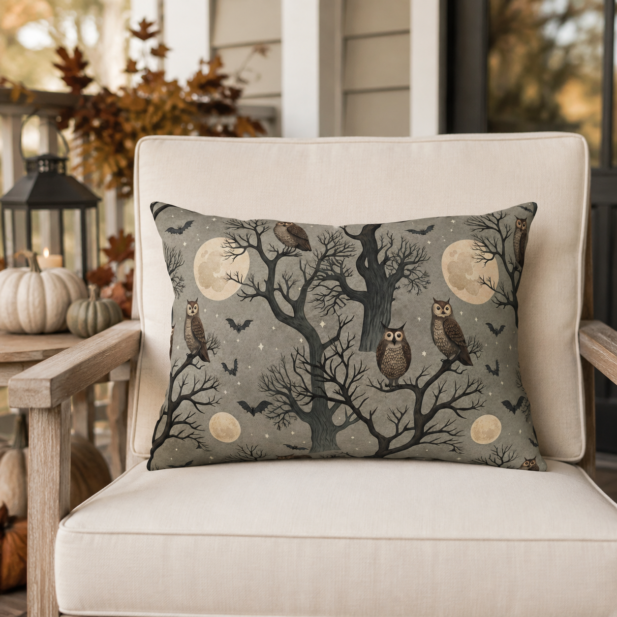 Owls in bare trees with bats and full moons on sage grey outdoor lumbar pillow