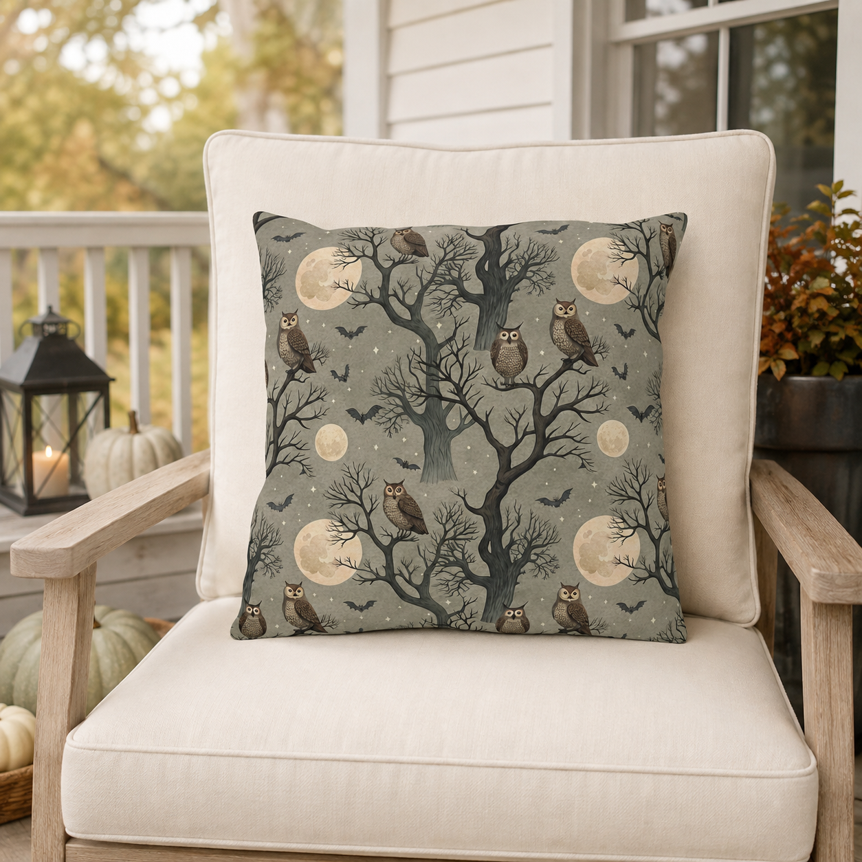 Owls in bare trees with bats and full moons on sage grey outdoor pillow