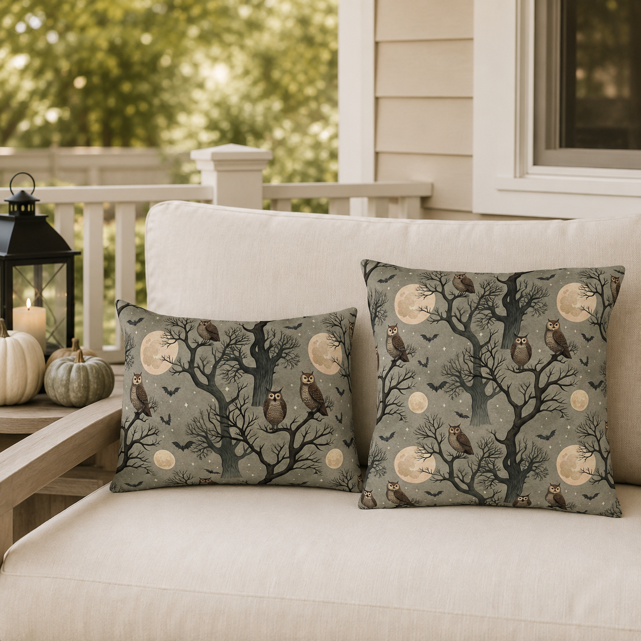 Owls in bare trees with bats and full moons on sage grey outdoor pillow