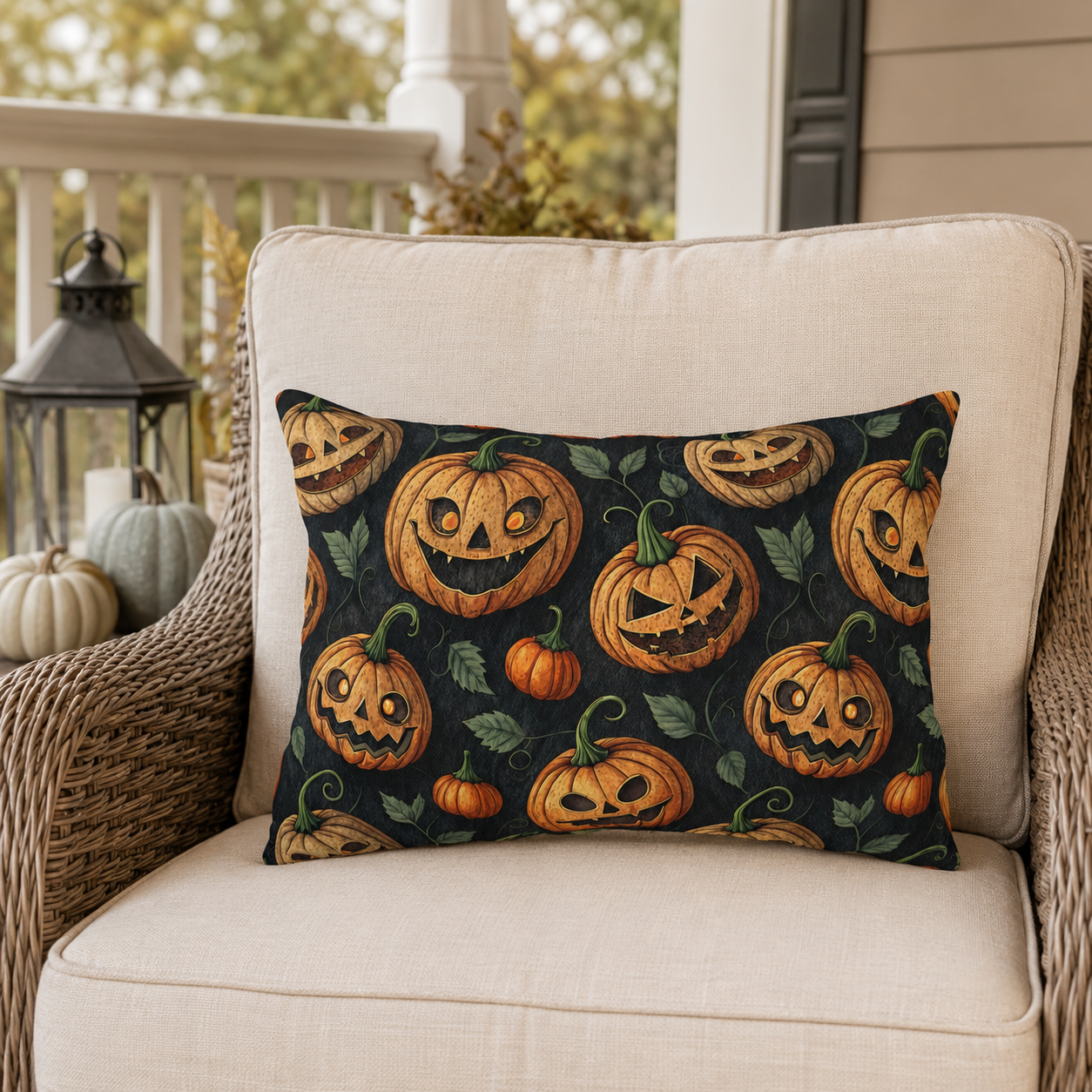 Carved jack-o-lantern pumpkins and vines on charcoal outdoor lumbar pillow