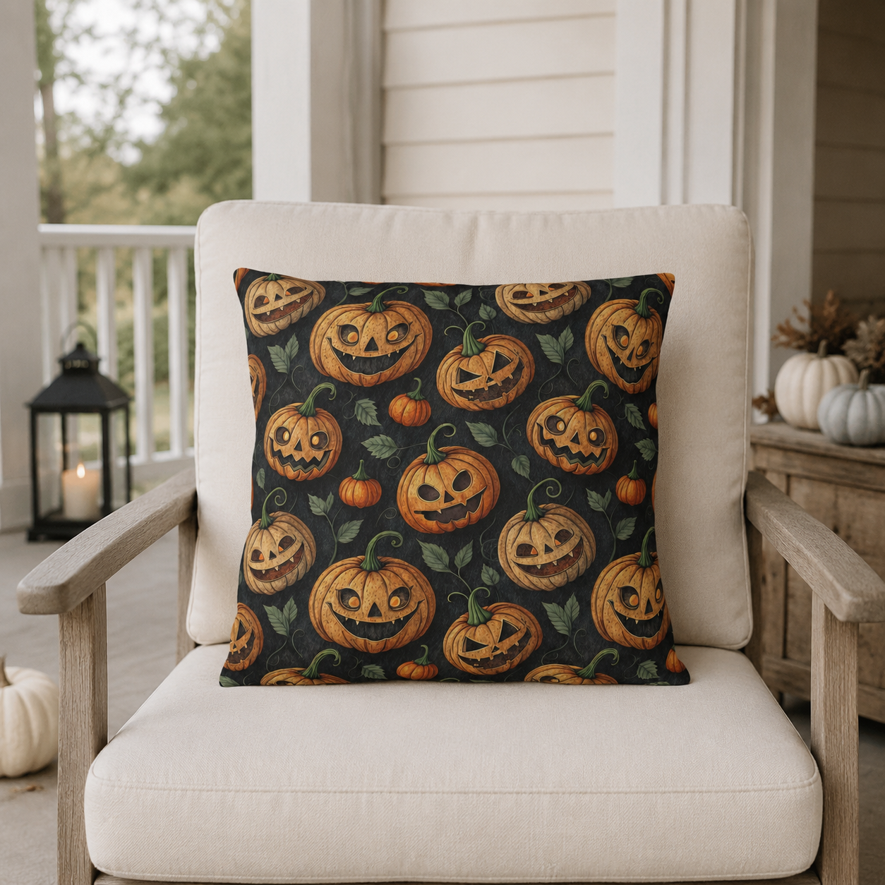 Carved jack-o-lantern pumpkins and vines on charcoal outdoor pillow