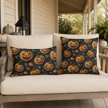 Carved jack-o-lantern pumpkins and vines on charcoal outdoor pillow