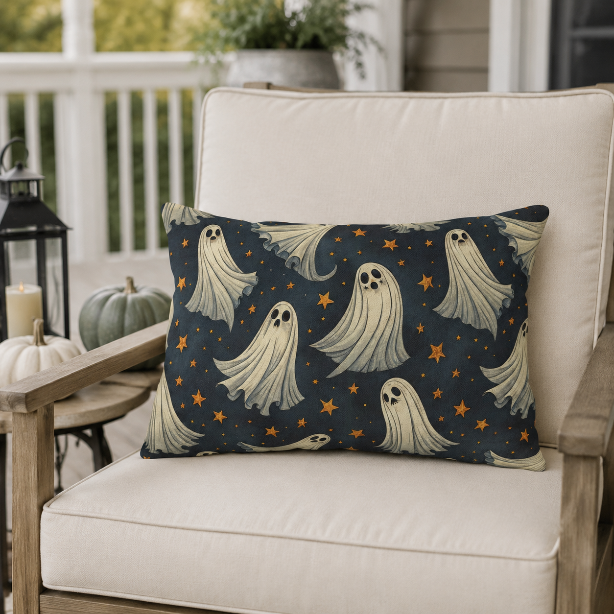 Cream ghosts and gold stars on midnight navy outdoor lumbar pillow