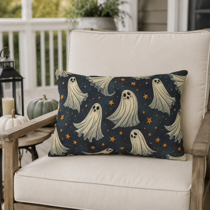 Cream ghosts and gold stars on midnight navy outdoor lumbar pillow