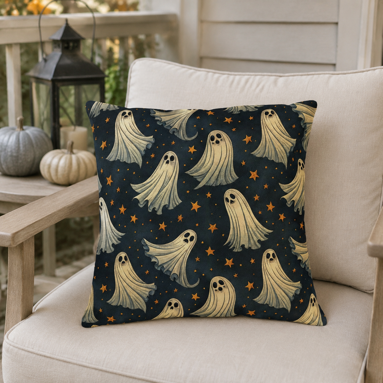Cream ghosts and gold stars on midnight navy outdoor pillow