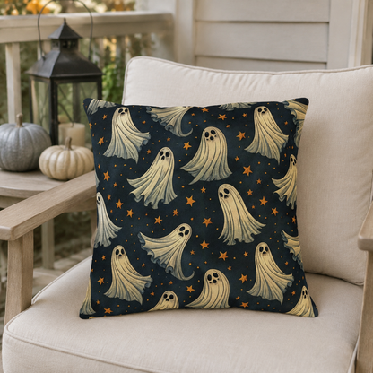 Cream ghosts and gold stars on midnight navy outdoor pillow