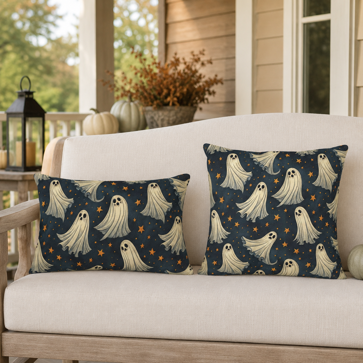 Cream ghosts and gold stars on midnight navy outdoor pillow