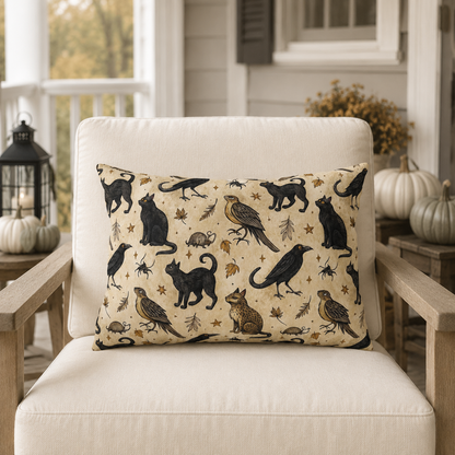 Black cats, ravens, hawks and autumn leaves on parchment cream outdoor lumbar pillow