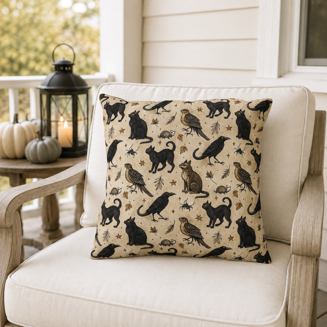 Black cats, ravens, hawks and autumn leaves on parchment cream outdoor pillow