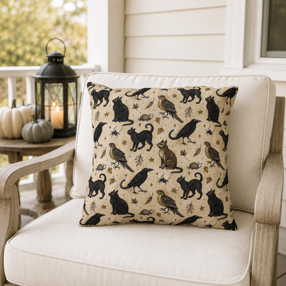 Black cats, ravens, hawks and autumn leaves on parchment cream outdoor pillow