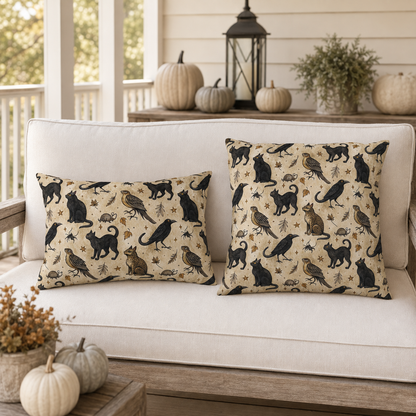 Black cats, ravens, hawks and autumn leaves on parchment cream outdoor pillow