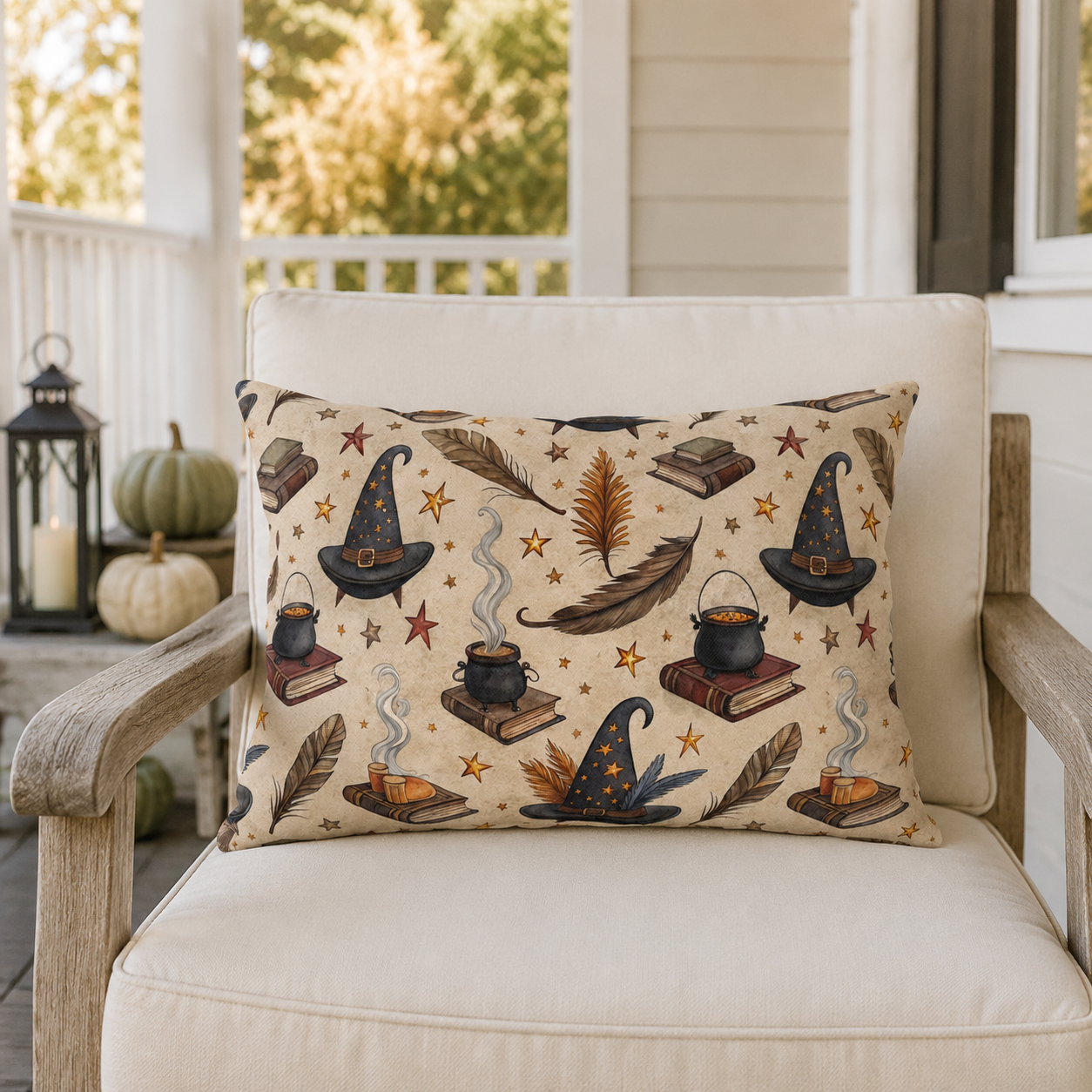 Witch hats, cauldrons, spell books and gold stars on parchment cream outdoor lumbar pillow