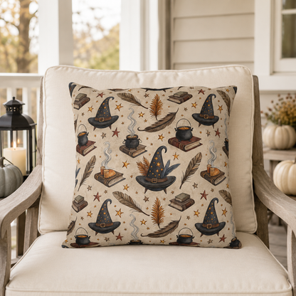 Witch hats, cauldrons, spell books and gold stars on parchment cream outdoor pillow