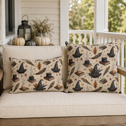 Witch hats, cauldrons, spell books and gold stars on parchment cream outdoor pillow