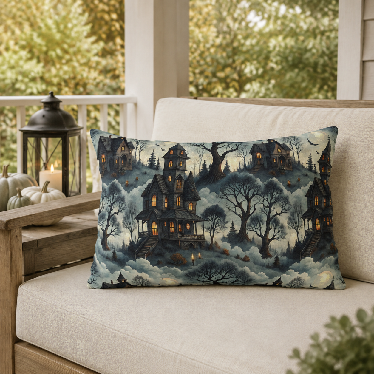 Victorian haunted houses in misty woods with lit windows on slate blue outdoor lumbar pillow