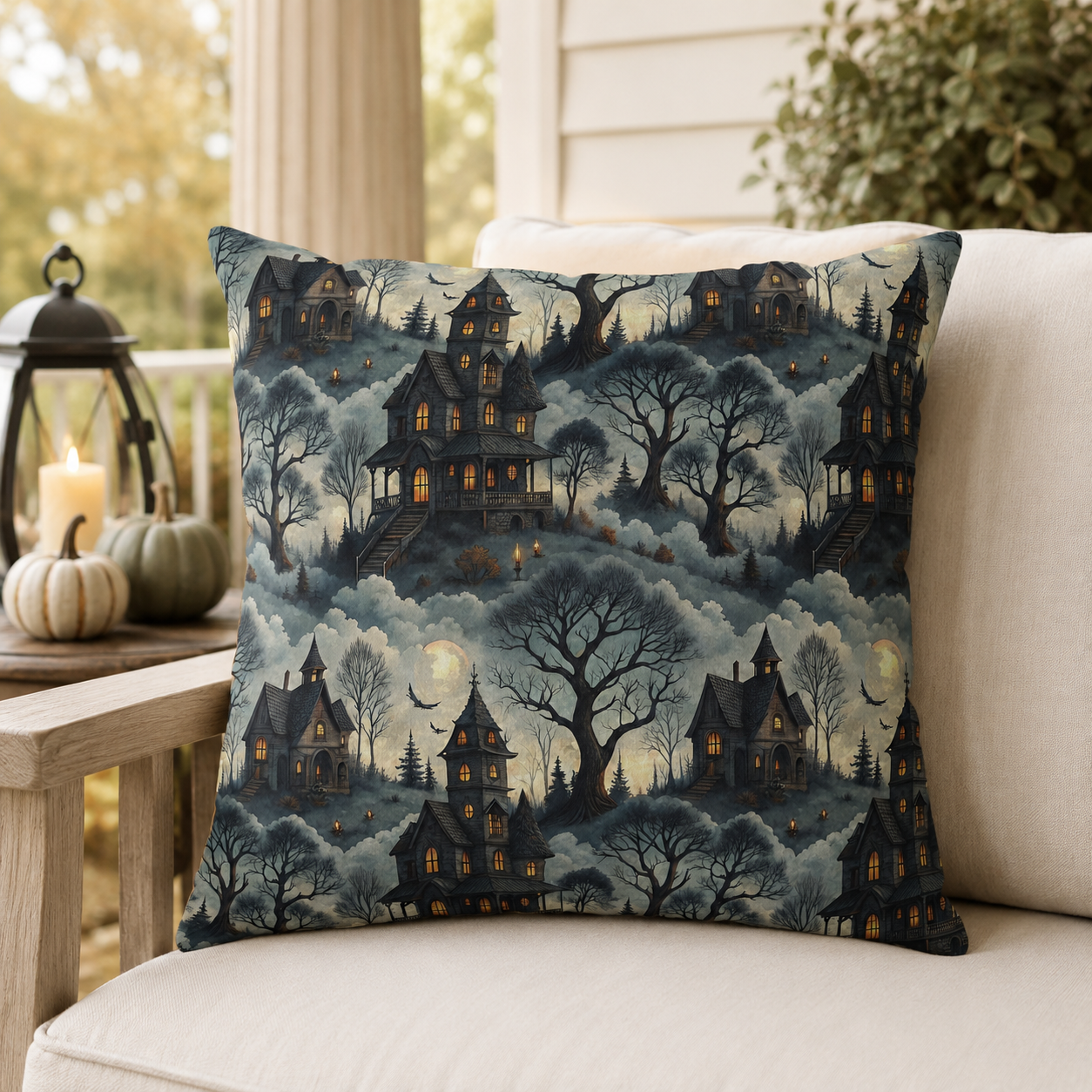 Victorian haunted houses in misty woods with lit windows on slate blue outdoor pillow