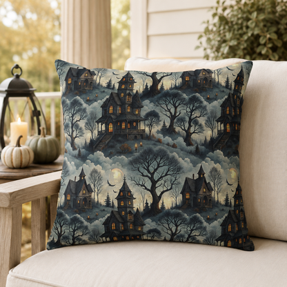 Victorian haunted houses in misty woods with lit windows on slate blue outdoor pillow
