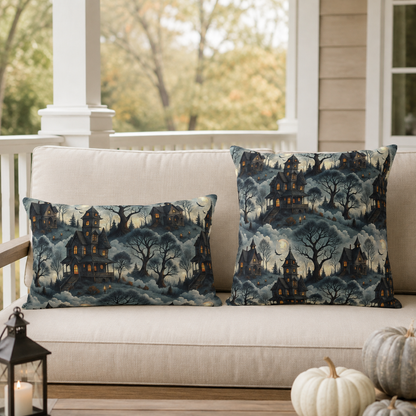 Victorian haunted houses in misty woods with lit windows on slate blue outdoor pillow