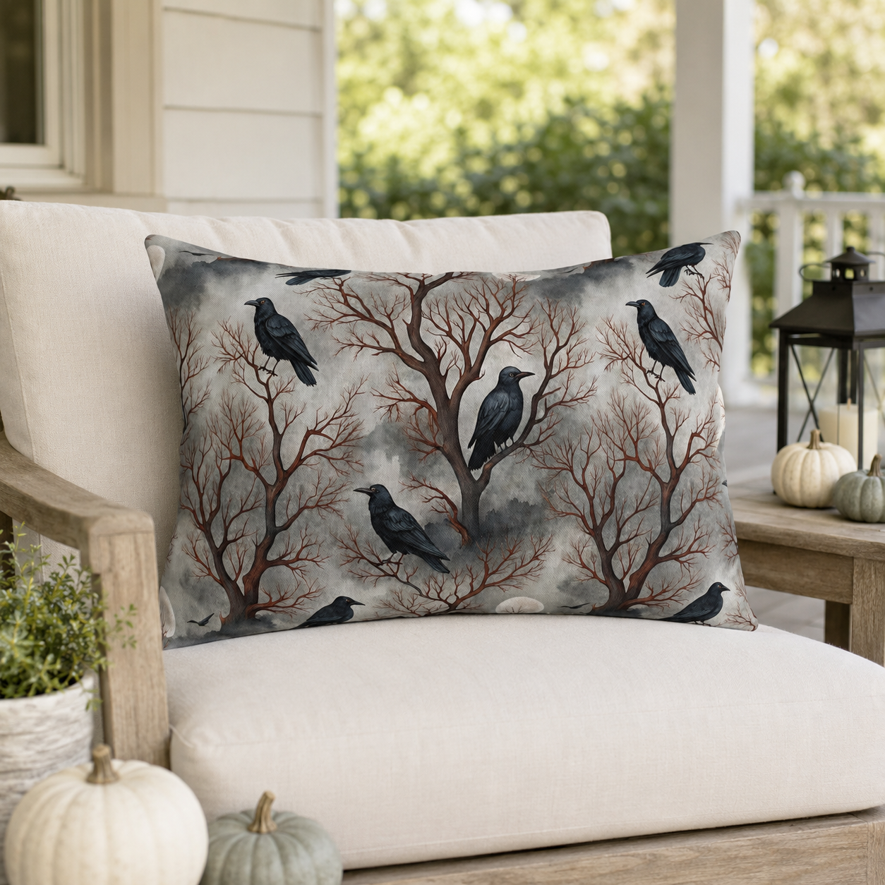 Ravens perched in bare rust branches with a full moon on misty grey outdoor lumbar pillow