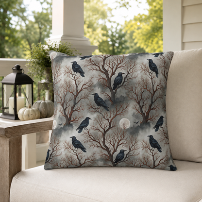Ravens perched in bare rust branches with a full moon on misty grey outdoor pillow