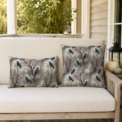 Ravens perched in bare rust branches with a full moon on misty grey outdoor pillow